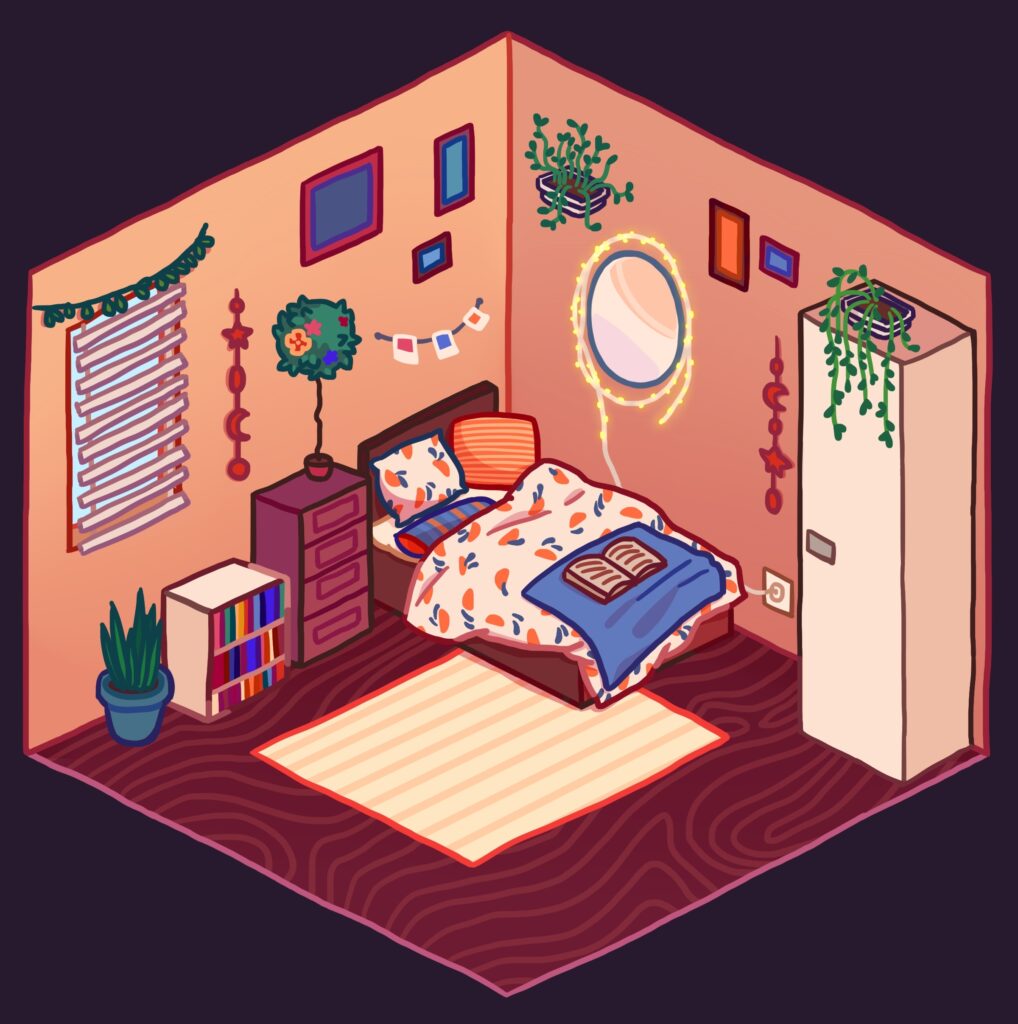 Cozy room, isometric drawing. Illustration of a teen girl's room