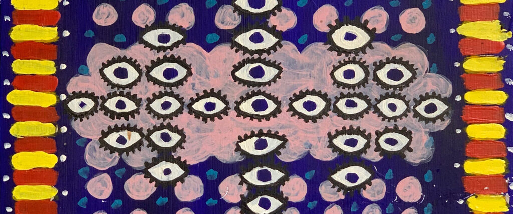 Detail of painting by Alex Mixon shows mutliple disembodied eye with blue and pink abstract background