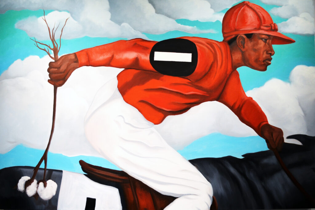 An African-American jockey is painted using a cotton stalk as a crop as he urges his horse on toward a win in a derby race.