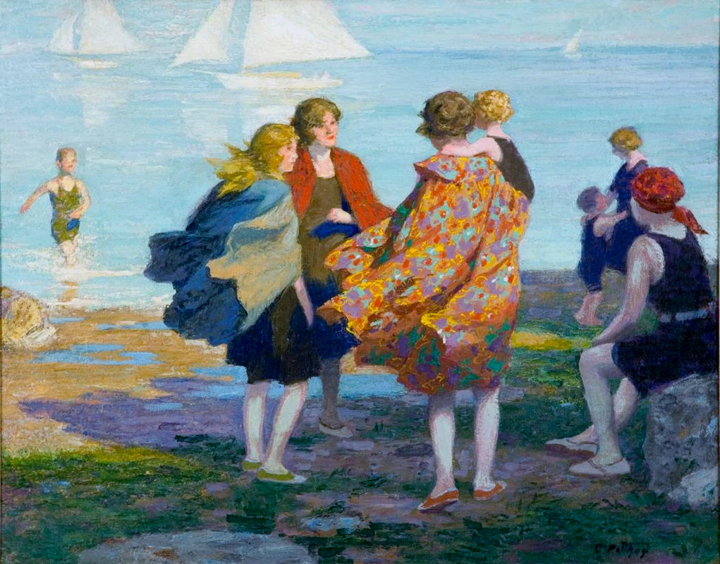 Painting of women talking on a windy, cool day at the beach
