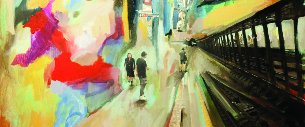 Image of individuals in colorful depiction of Grand Street station