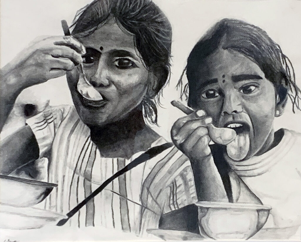 Charcoal drawing of two girls eating ice cream with spoons