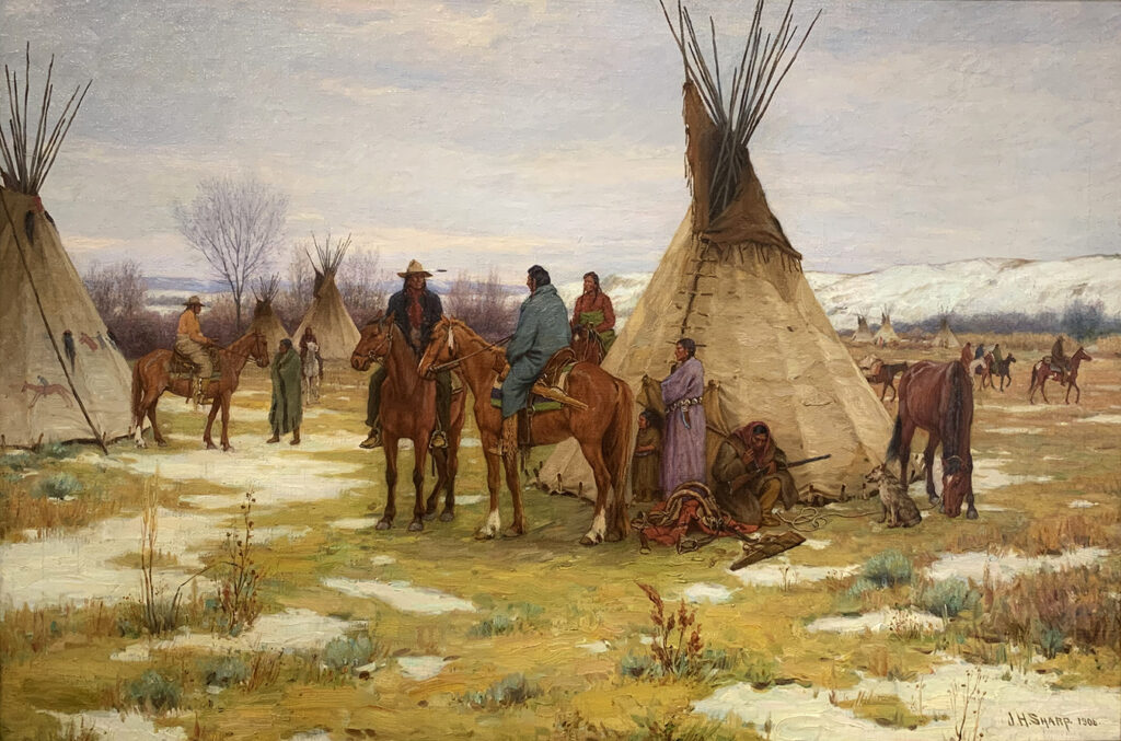 1906 painting of a Native American encampment with people, horses, a dog and tepees.