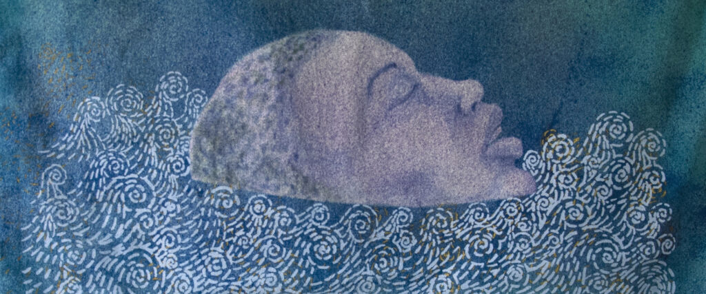 Screenprint of woman's head emerging from water