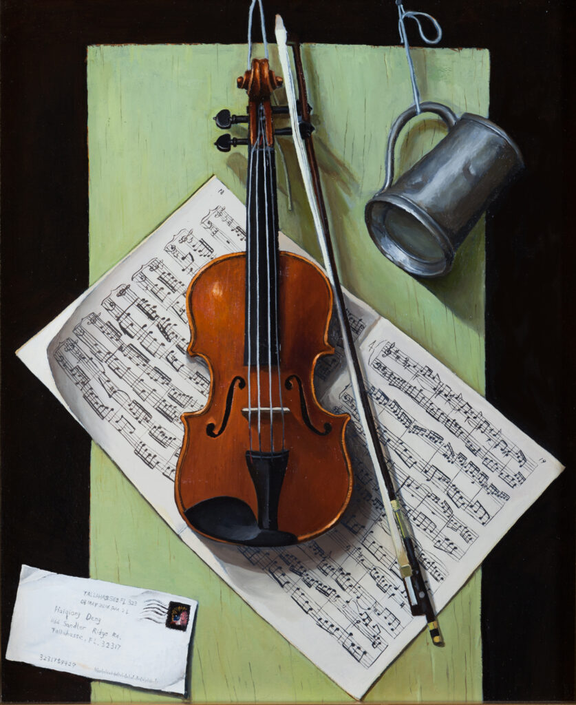 Oil painting of a violin and cup lying on top of a musical score with a postcard on the bottom left.