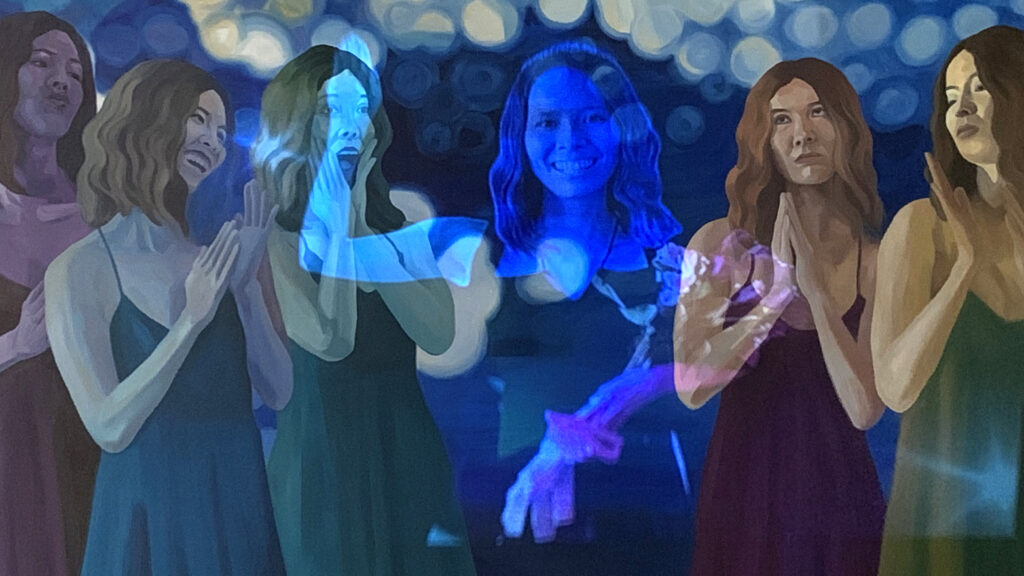 Painting and projected image of women at beauty pageant