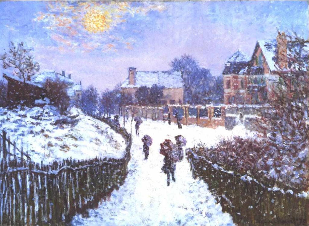 Monet painting of people walking down a snowy street