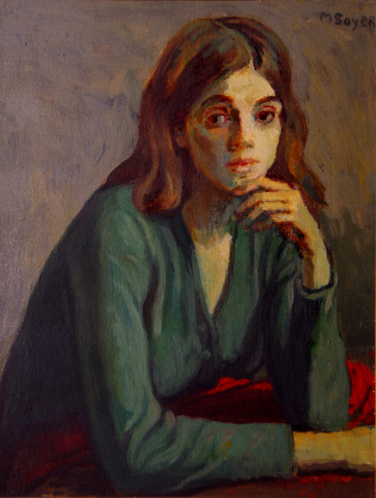 Oil painting of woman in green sweater with chin resting on left hand