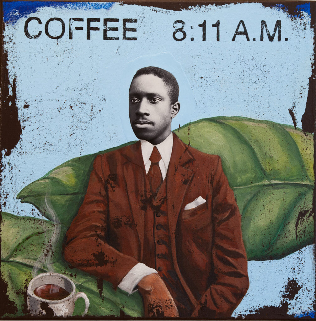 painting of man in brown suit with words coffee 8 am in background