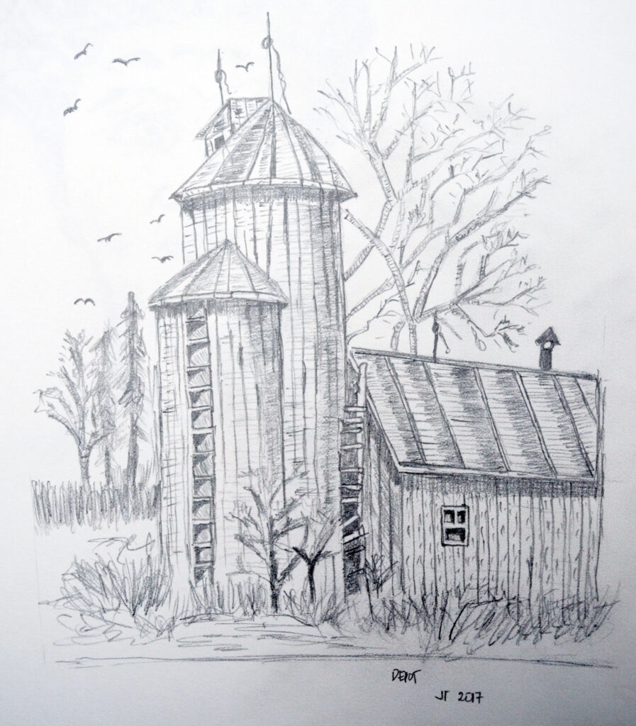 Pencil drawing of a rural depot with two tall silos and trees and birds in the background