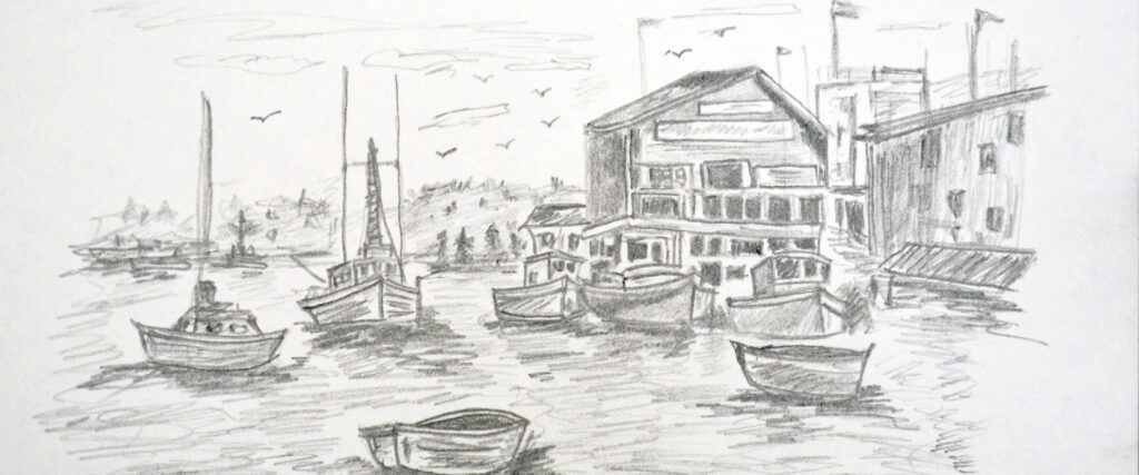 Detail of pencil drawing of harbor, with bats of various sizes and buildings in the background