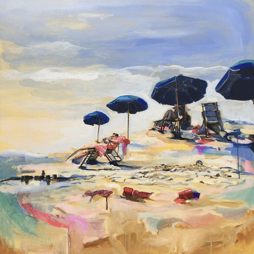 Beach-goers at Hilton Head island are shown reclining under umbrella