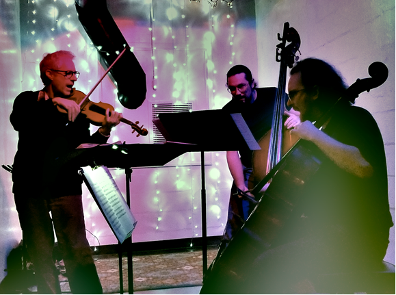 A violinist, bassist and cellist perform on a stage